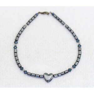 Vintage Silver Tone Cylinders Lovely Heart Beaded Bracelet 10 1/2 inch - A24